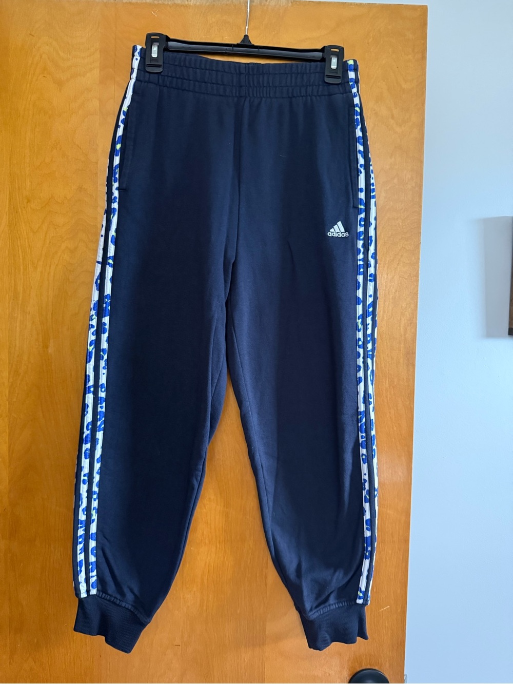 Adidas Women’s Navy Blue Jogger Sweatpants with Patterned Side Stripes